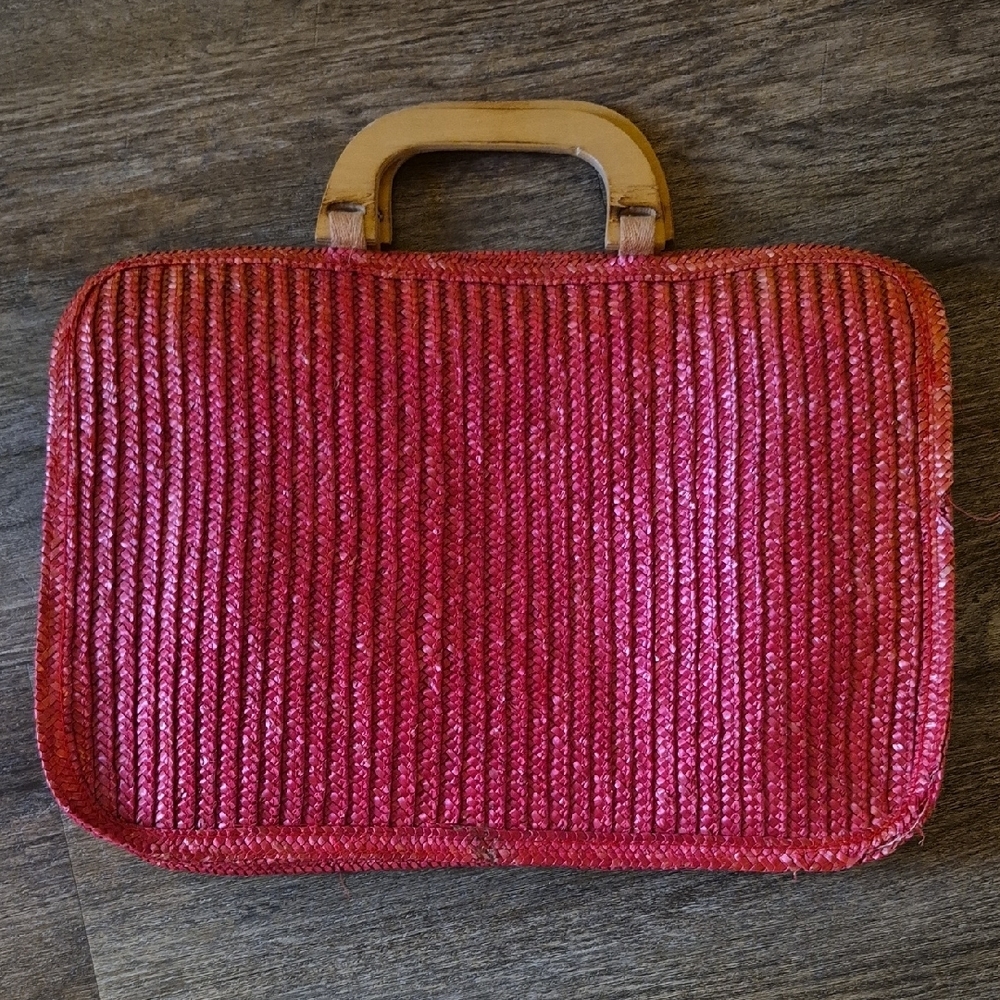 Vintage 60s Lesco Straw Woven Handbag | Red Ombre Boho Tote with Wooden Handles